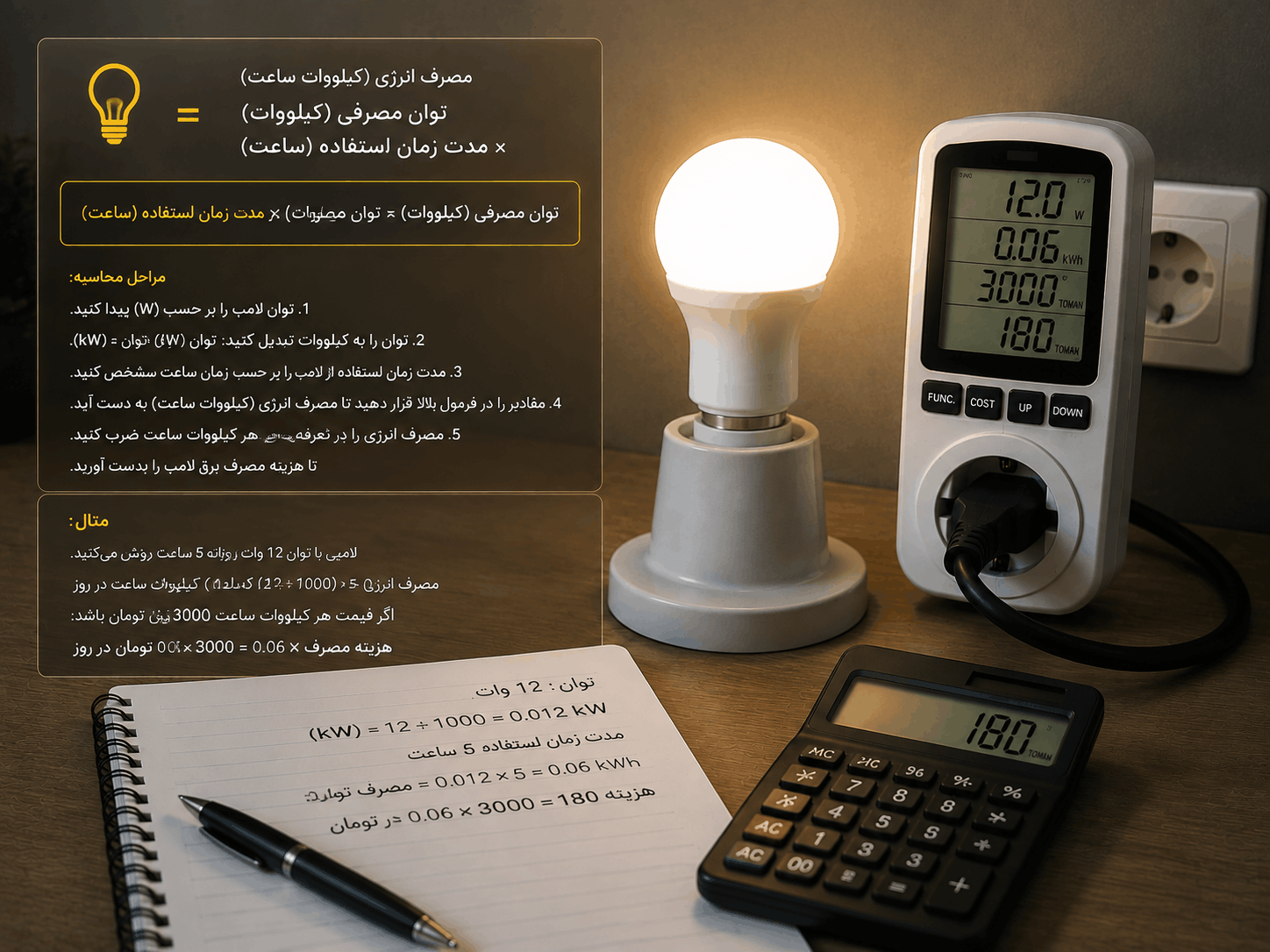 آموزش محاسبه هزینه مصرف برق لامپ