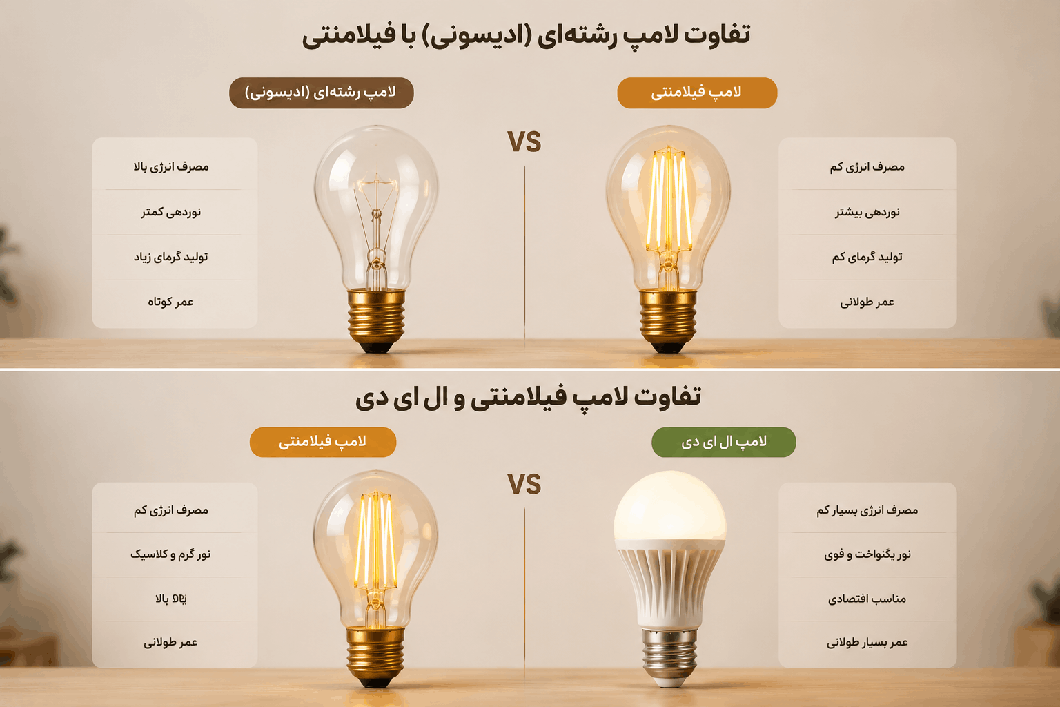 تفاوت لامپ رشتهای (ادیسونی) با فیلامنتی / تفاوت لامپ فیلامنتی و ال ای دی